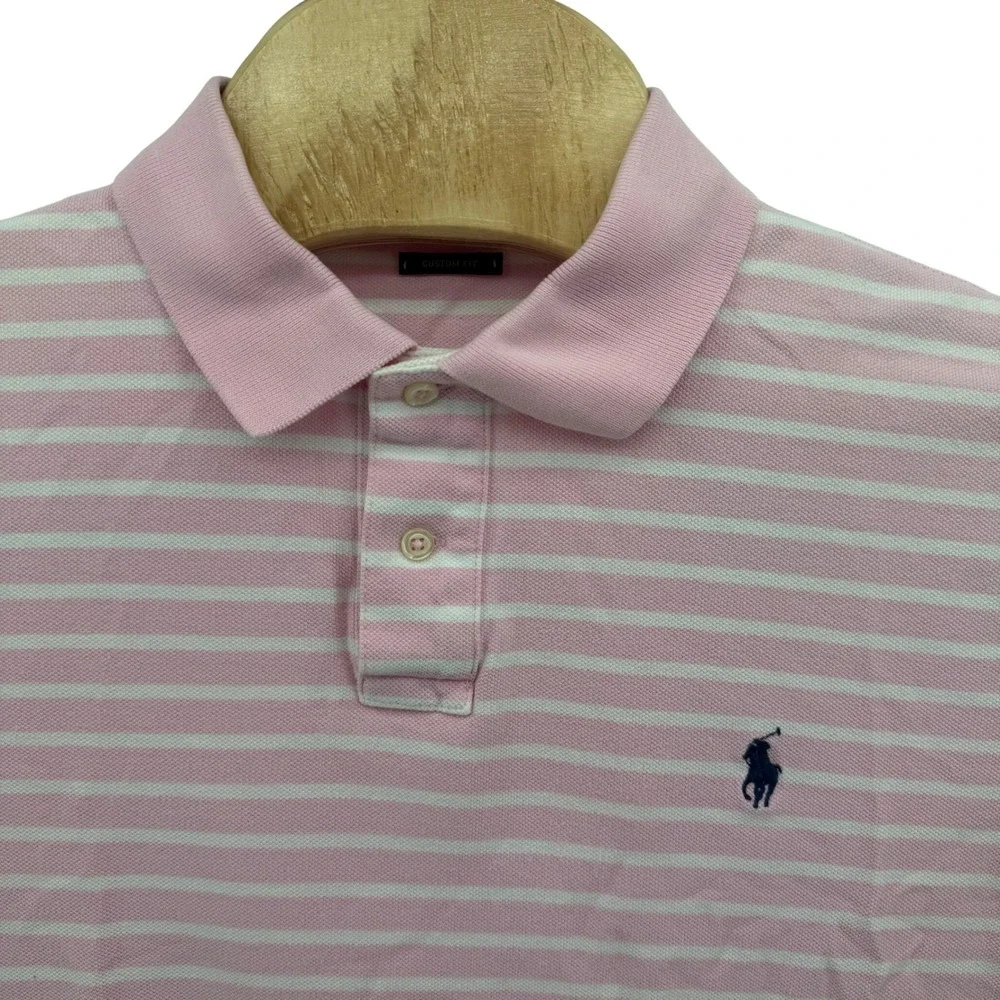Polo Ralph Lauren Polo Shirt Mens XL Pink White Striped‎ Custom Fit Short Sleeve
